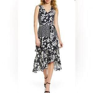 Sam Edelman Black & White Floral Patchwork V-Neck Sleeveless Midi Dress Size: 10